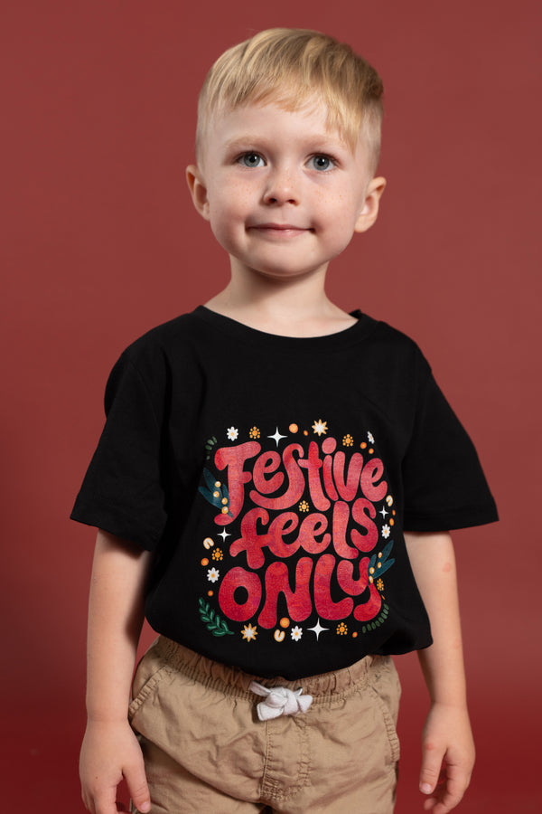 Festive Feels Only Black Cotton Crew Neck Kids T-Shirt