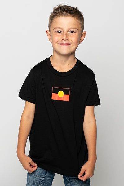 "Raise the Flag" Aboriginal Flag (Small) Black Cotton Crew Neck Kids T-Shirt