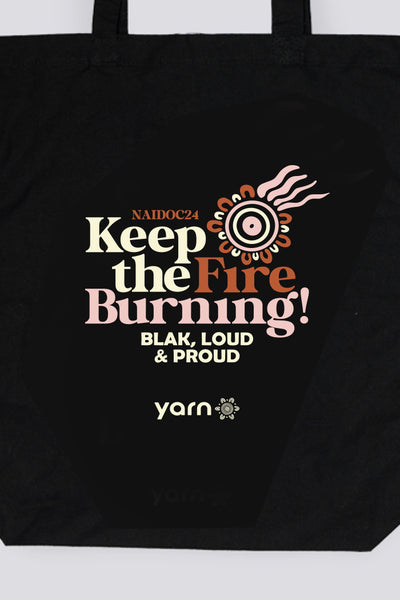Keep the Fire Burning! Pink NAIDOC 2024 Black Long Handle Cotton Tote Bag