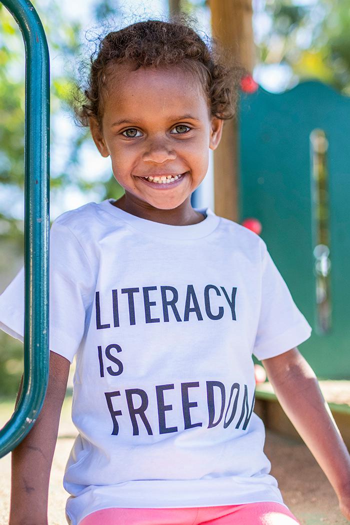 "Literacy is Freedom" White Cotton Crew Neck Kids T-Shirt
