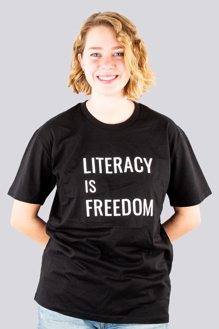 Aboriginal Art Clothing-"Literacy is Freedom" Black Cotton Crew Neck Unisex T-Shirt-Yarn Marketplace