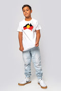 Aboriginal Art Clothing-"Raise the Flag" Aboriginal Flag (Australia) White Cotton Crew Neck Kids T-Shirt-Yarn Marketplace
