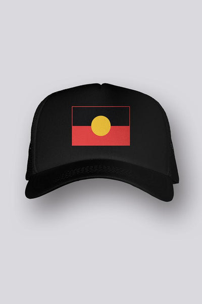 Aboriginal Art Headwear-"Raise the Flag" Aboriginal Flag Black Front Trucker Cap-Yarn Marketplace