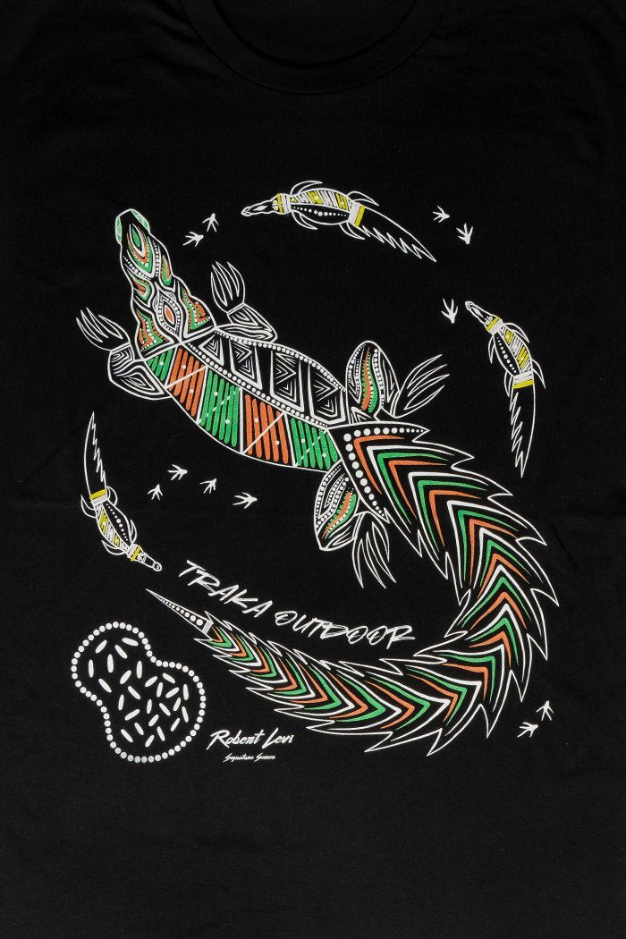 Aboriginal Art Clothing-Croc Country Black Cotton Crew Neck Unisex T-Shirt-Yarn Marketplace