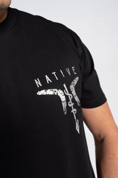 Aboriginal Art Clothing-Native Black Metallic Silver Cotton Crew Neck Men's T-Shirt-Yarn Marketplace