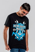 Aboriginal Art Clothing-NSW Tribute Black Cotton Crew Neck Men's T-Shirt-Yarn Marketplace