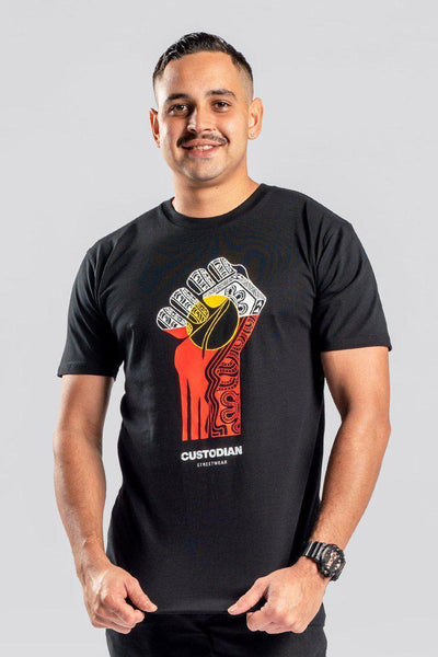 Aboriginal Art Clothing-Rise Up Cotton Black Crew Neck Men's T-Shirt-Yarn Marketplace