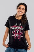 Aboriginal Art Clothing-QLD Tribute Black Cotton Crew Neck Women's T-Shirt-Yarn Marketplace