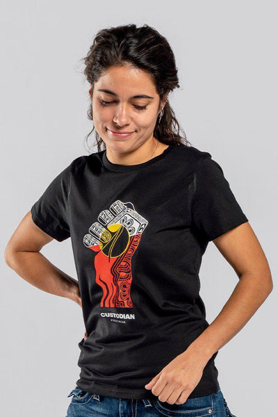 Aboriginal Art Clothing-Rise Up Black Cotton Crew Neck Women's T-Shirt-Yarn Marketplace