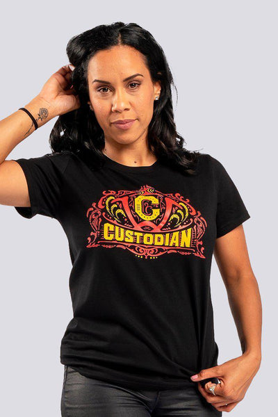 Aboriginal Art Clothing-Vintage Custodian Classic Black Cotton Crew Neck Women's T-Shirt-Yarn Marketplace