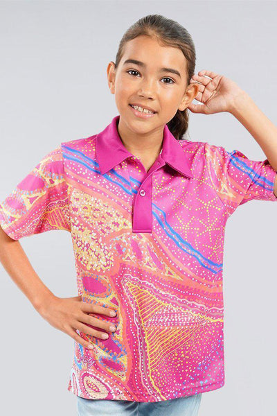 Aboriginal Art Clothing-Mothers Country UPF 50 Kids Polo Shirt-Yarn Marketplace