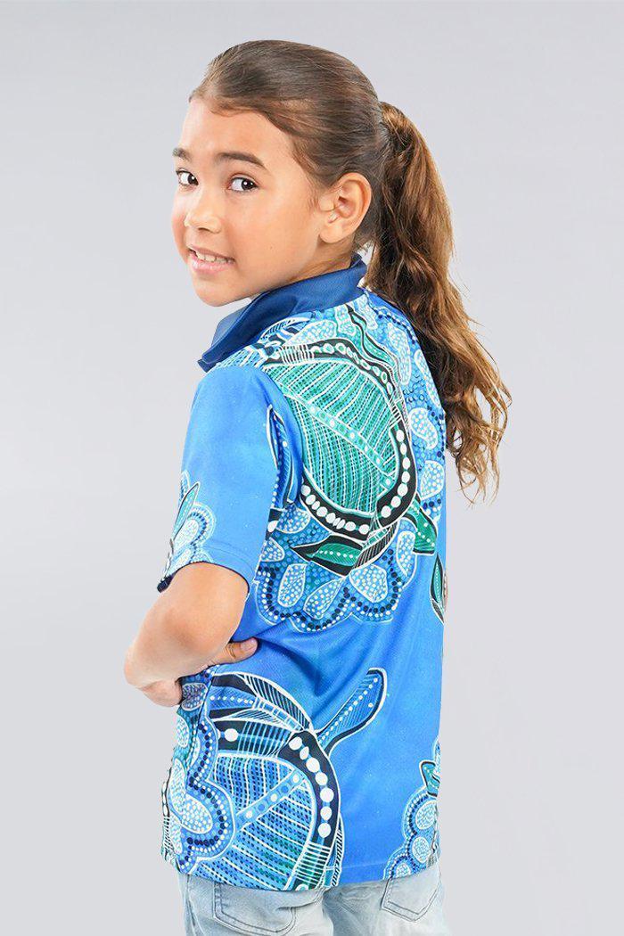 Aboriginal Art Clothing-Ocean Turtles UPF 50 Kids Polo Shirt-Yarn Marketplace
