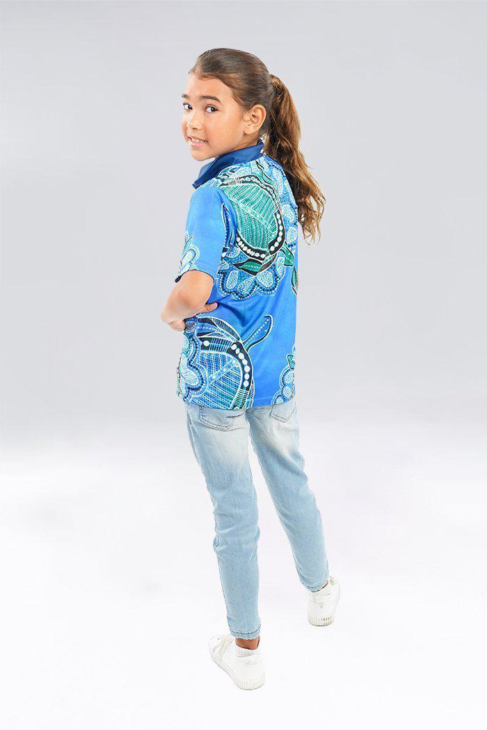 Aboriginal Art Clothing-Ocean Turtles UPF 50 Kids Polo Shirt-Yarn Marketplace