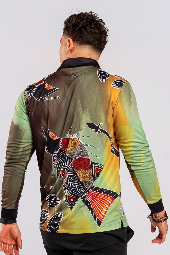 Aboriginal Art Clothing-Barramundi Hunt UPF 50 Unisex Long Sleeve Polo Shirt-Yarn Marketplace
