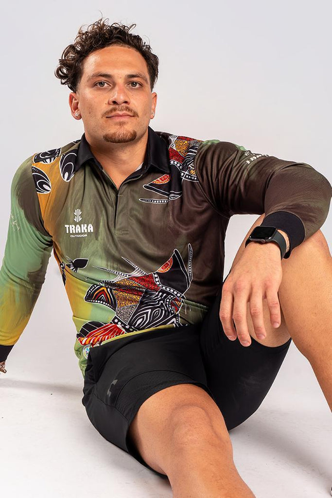 Aboriginal Art Clothing-Barramundi Hunt UPF 50 Unisex Long Sleeve Polo Shirt-Yarn Marketplace