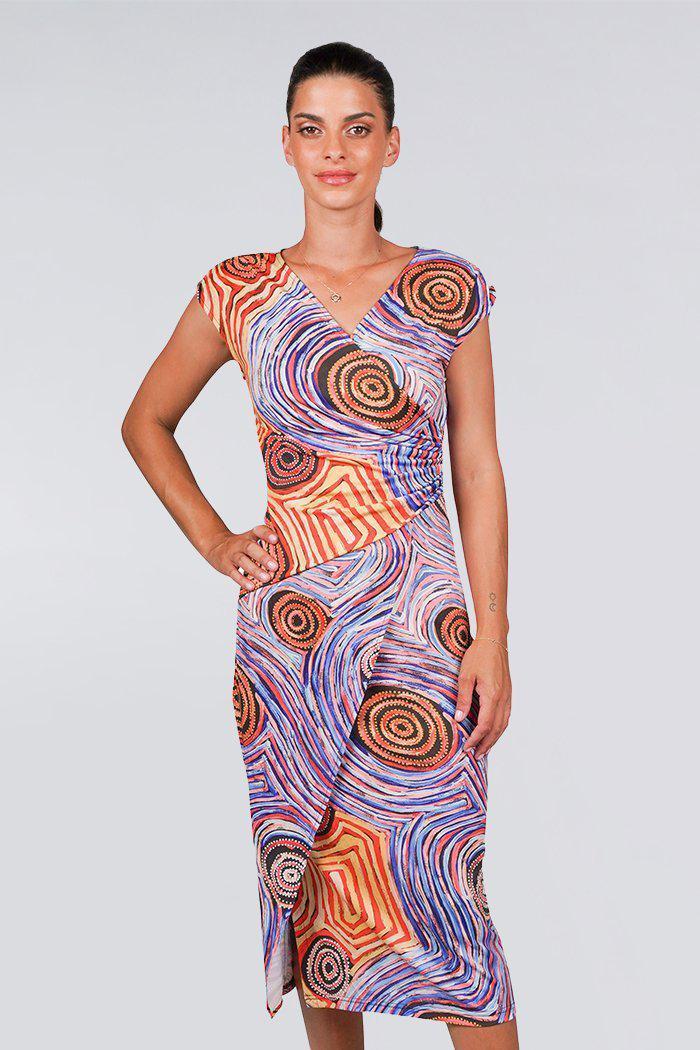 Aboriginal Art Clothing-Mina Jukurrpa V Neck Women's Midi Dress-Yarn Marketplace