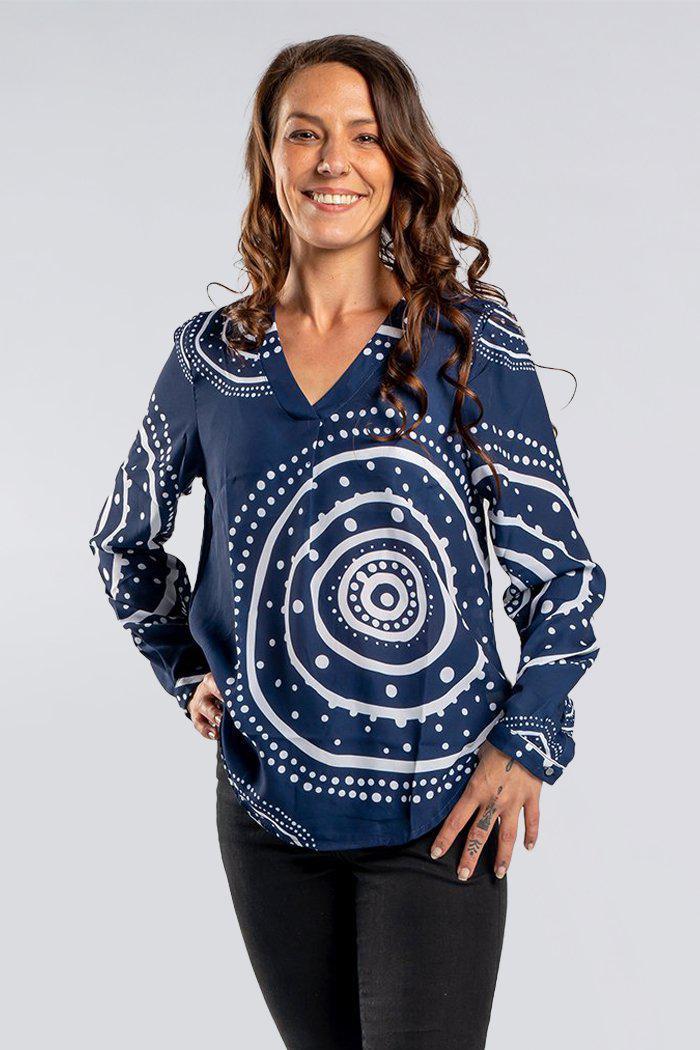 Aboriginal Art Clothing-Mother Earth V Neck Women's Long Sleeve Blouse-Yarn Marketplace