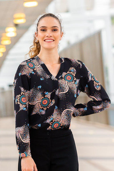Aboriginal Art Clothing-Our Beautiful Country V Neck Women's Long Sleeve Blouse-Yarn Marketplace