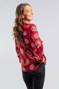 Aboriginal Art Clothing-Songlines Red V Neck Women's Long Sleeve Blouse-Yarn Marketplace