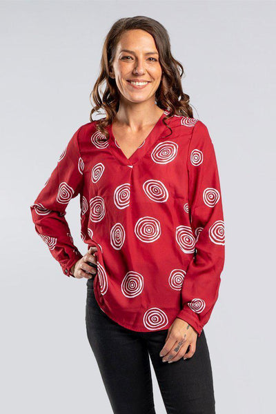 Aboriginal Art Clothing-Songlines Red V Neck Women's Long Sleeve Blouse-Yarn Marketplace