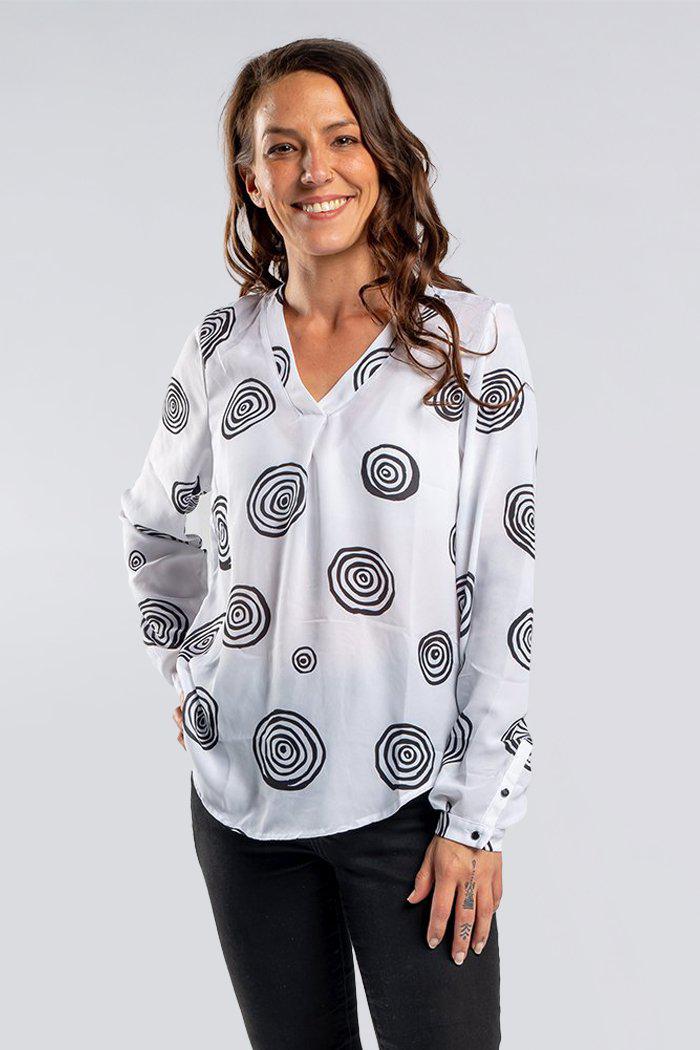Aboriginal Art Clothing-Songlines White V Neck Women's Long Sleeve Blouse-Yarn Marketplace