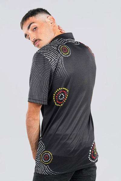 Aboriginal Art Clothing-Communities Black UPF 50 Unisex Polo Shirt-Yarn Marketplace