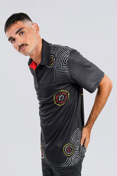 Aboriginal Art Clothing-Communities Black UPF 50 Unisex Polo Shirt-Yarn Marketplace