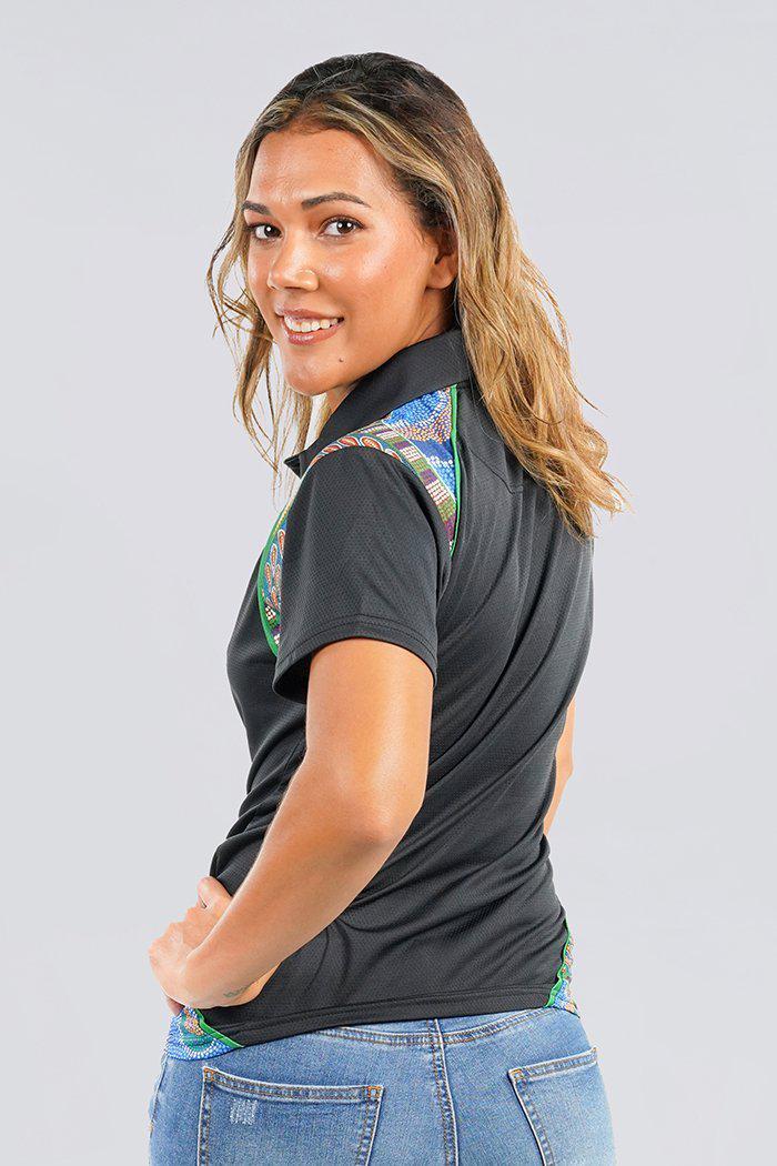 Aboriginal Art Clothing-Be The Voice UPF 50 Bamboo Contrast Women’s Fitted Polo Shirt-Yarn Marketplace