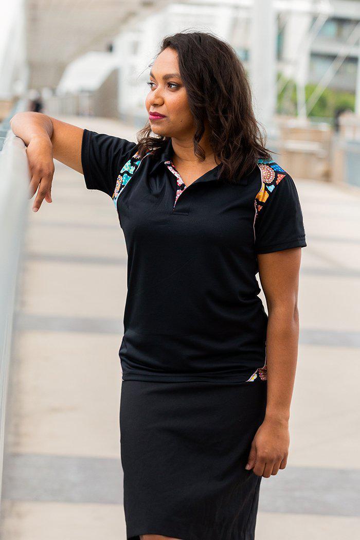 Aboriginal Art Clothing-Connection To Country UPF 50 Bamboo Contrast Women’s Fitted Polo Shirt-Yarn Marketplace