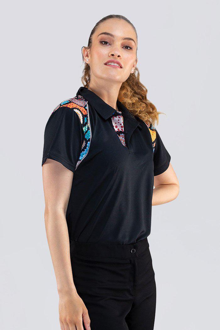 Aboriginal Art Clothing-Connection To Country UPF 50 Bamboo Contrast Women’s Fitted Polo Shirt-Yarn Marketplace