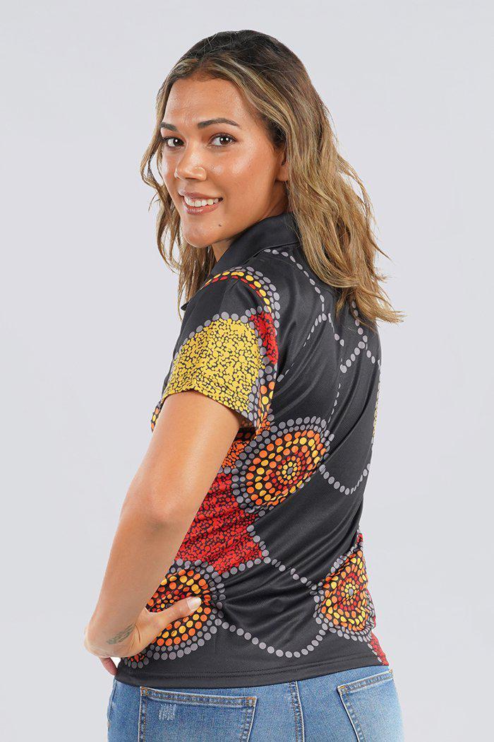 Aboriginal Art Clothing-Community Unity UPF 50 Women's Fitted Polo Shirt-Yarn Marketplace