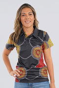 Aboriginal Art Clothing-Community Unity UPF 50 Women's Fitted Polo Shirt-Yarn Marketplace