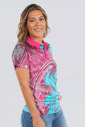 Aboriginal Art Clothing-Kangaroo Dance UPF 50 Women's Fitted Polo Shirt-Yarn Marketplace