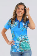 Aboriginal Art Clothing-Ocean Turtles UPF 50 Women's Fitted Polo Shirt-Yarn Marketplace