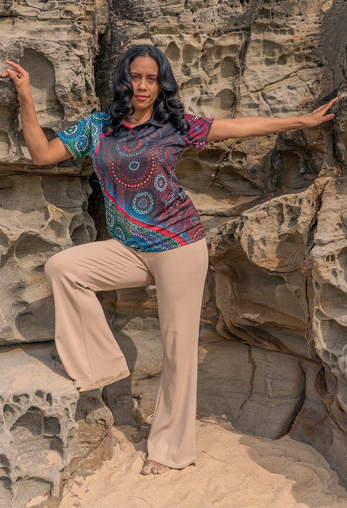 Aboriginal Art Clothing-Salt Meets Earth UPF 50 Women's Fitted Polo Shirt-Yarn Marketplace