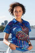 Aboriginal Art Clothing-Green Sea Turtle Dreaming UPF 50 Women's Fitted Polo Shirt-Yarn Marketplace