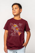 Aboriginal Art Clothing-Barramundi Hunt Burgundy Cotton Crew Neck Kids T-Shirt-Yarn Marketplace