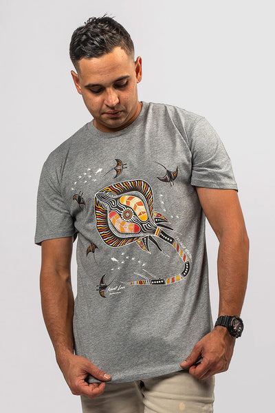 Aboriginal Art Clothing-Stingray Fever Grey Marle Cotton Crew Neck Unisex T-Shirt-Yarn Marketplace