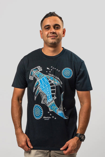 Aboriginal Art Clothing-Hammerhead School Navy Cotton Crew Neck Unisex T-Shirt-Yarn Marketplace