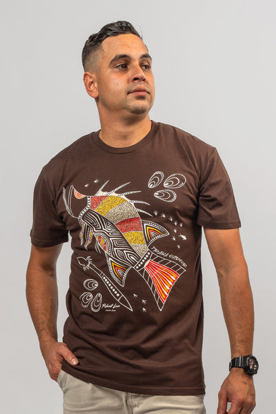 Aboriginal Art Clothing-Barramundi Hunt Dark Chocolate Cotton Crew Neck Unisex T-Shirt-Yarn Marketplace