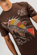 Aboriginal Art Clothing-Barramundi Hunt Dark Chocolate Cotton Crew Neck Unisex T-Shirt-Yarn Marketplace