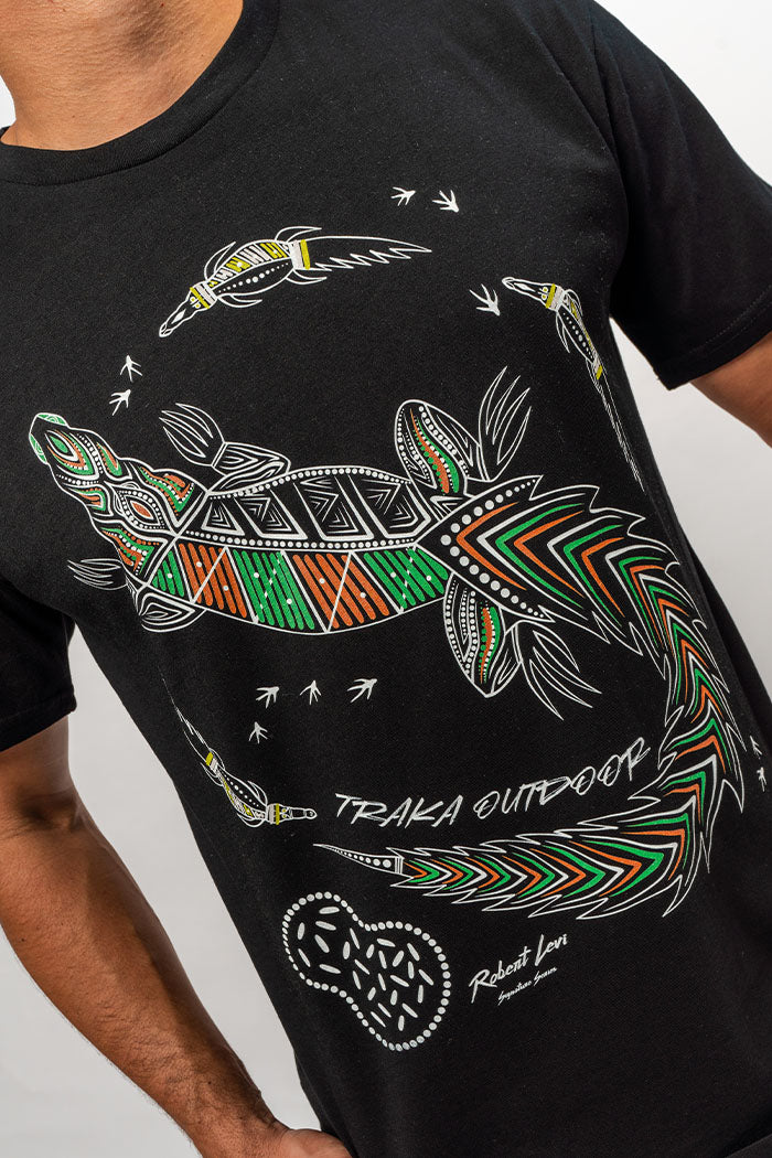 Aboriginal Art Clothing-Croc Country Black Cotton Crew Neck Unisex T-Shirt-Yarn Marketplace