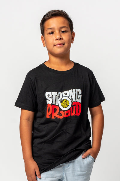 Aboriginal Art Clothing-Vintage Strong & Proud Classic Black Cotton Crew Neck Kids T-Shirt-Yarn Marketplace
