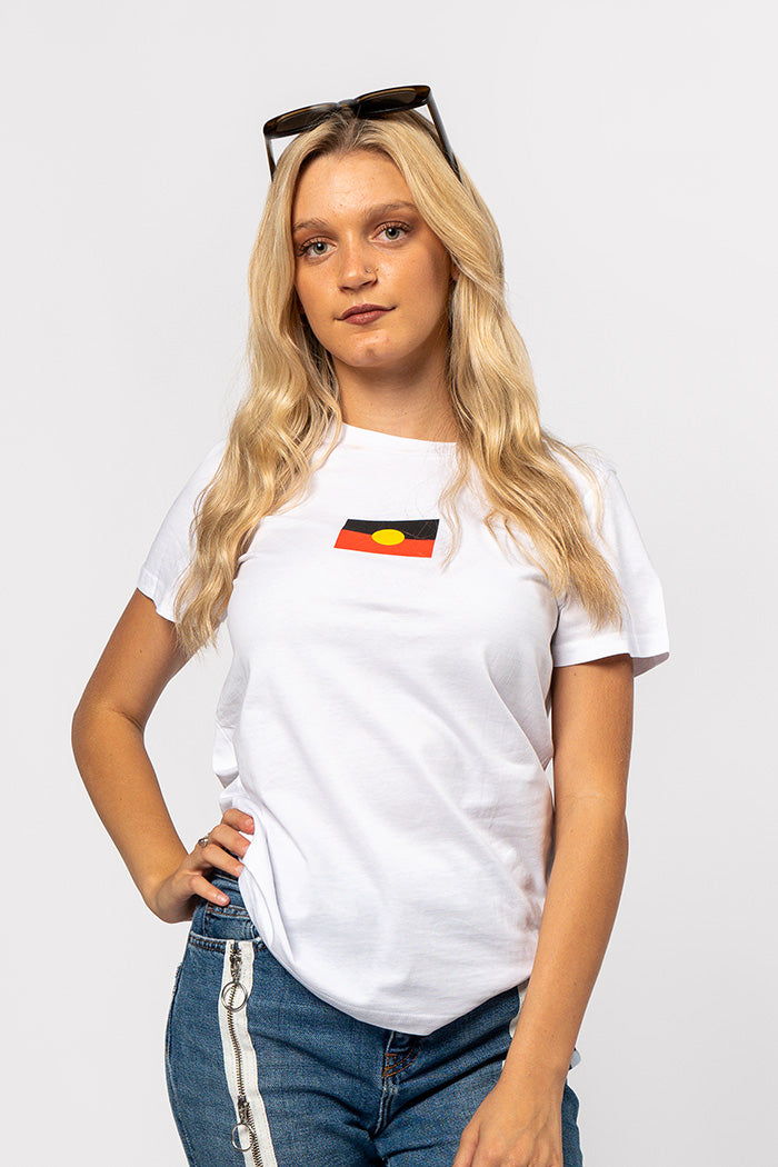 "Raise the Flag" Aboriginal Flag (Small) White Cotton Crew Neck Womens T-Shirt