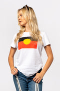 "Raise the Flag" Aboriginal Flag (Large) White Cotton Crew Neck Womens T-Shirt