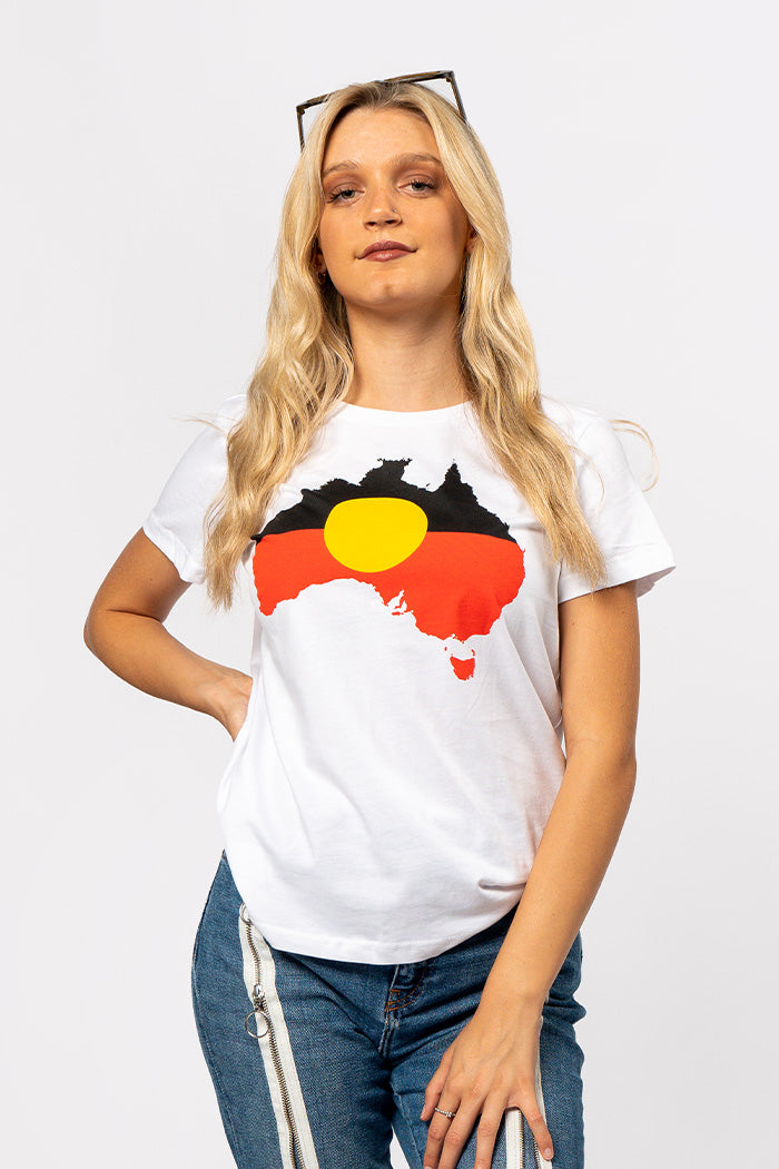 "Raise the Flag" Aboriginal Flag (Australia) White Cotton Crew Neck Womens T-Shirt