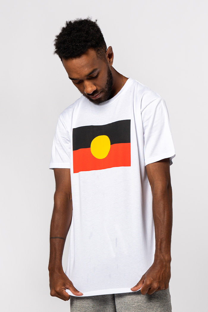 "Raise the Flag" Aboriginal Flag (Large) White Cotton Crew Neck Unisex T-Shirt