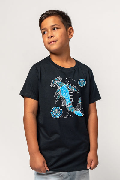 Aboriginal Art Clothing-Hammerhead School Navy Cotton Crew Neck Kids T-Shirt-Yarn Marketplace