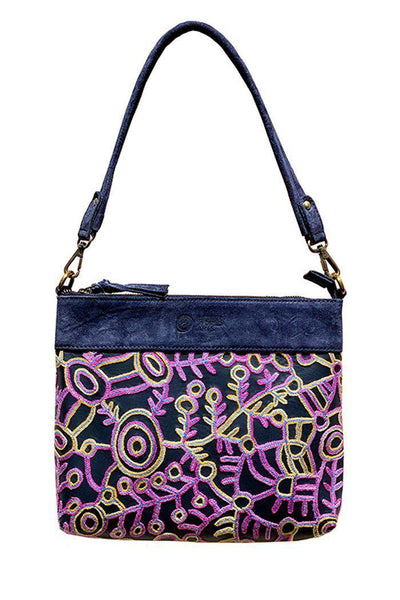 Hudson Embroidered Handbag Leather (Blue) - 30 x 24cm-Bags-Yarn Marketplace