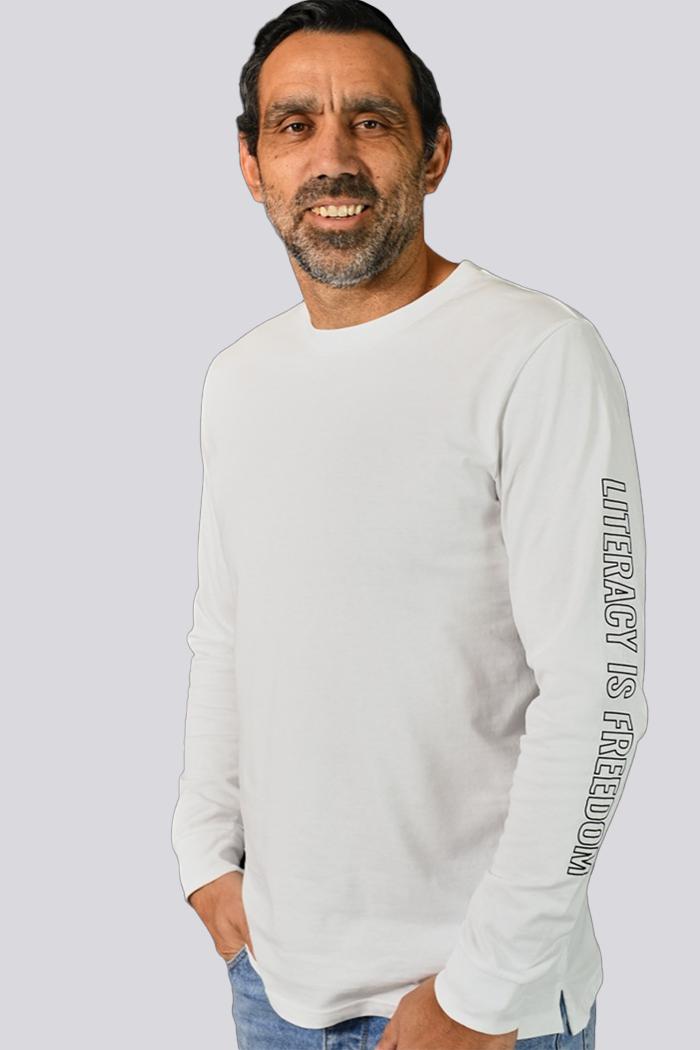Aboriginal Art Clothing-"Literacy is Freedom" White Cotton Crew Neck Unisex Long Sleeve T-Shirt-Yarn Marketplace